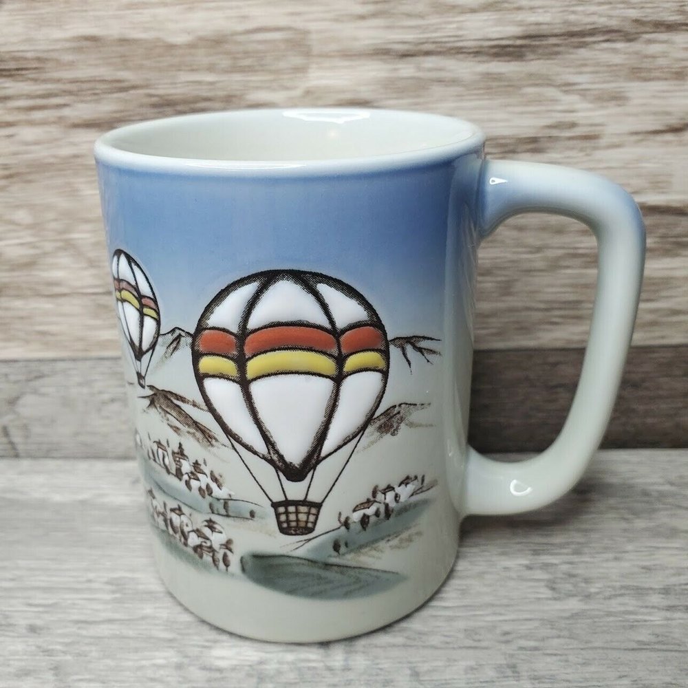 Otagiri Hot Air Balloon Mountains Coffee Mug Raised Texture Hand Painted Japan